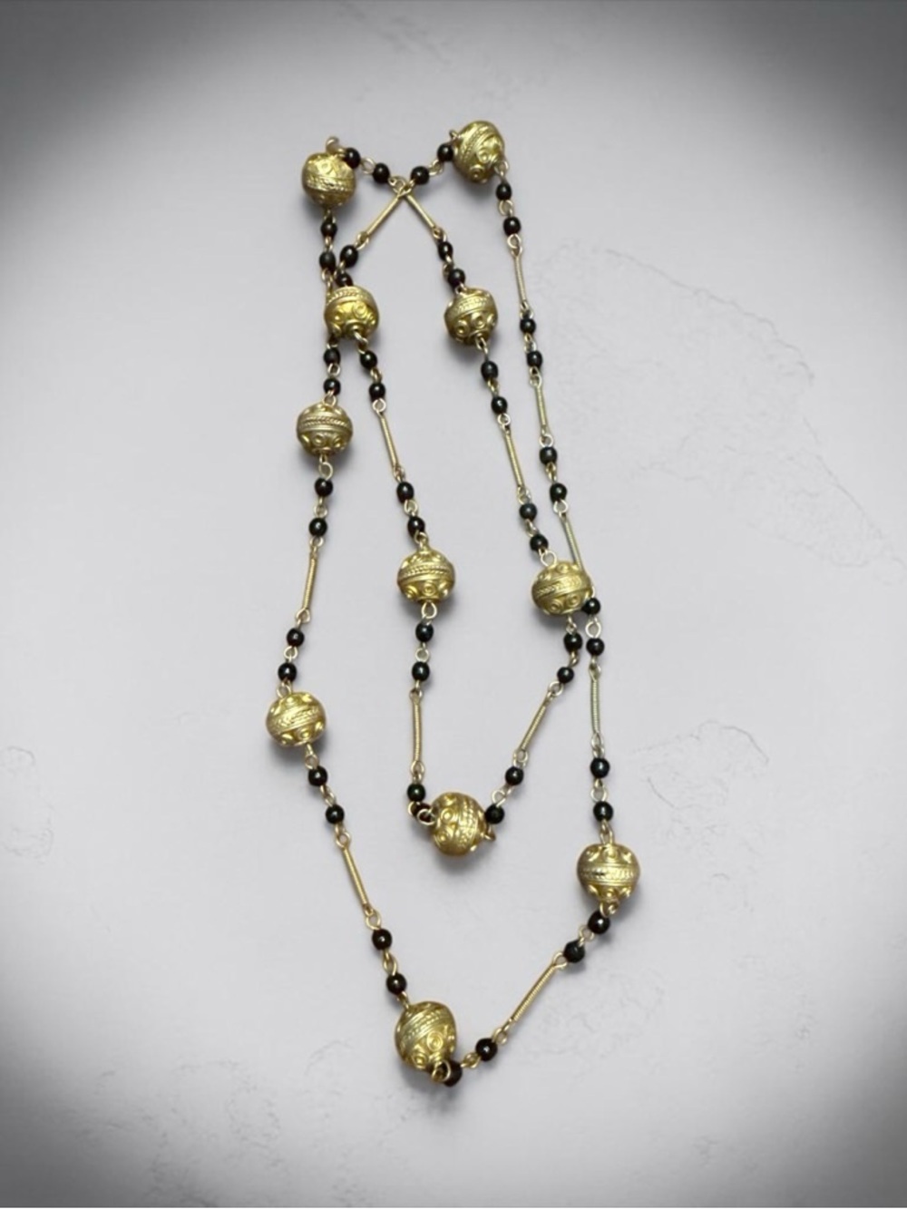 Vintage Gold & Black Beaded Long Station Necklace 38” Ornate Boho